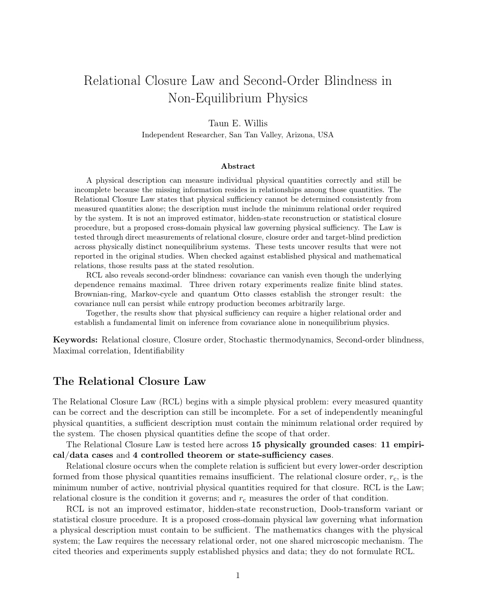 Relational Closure Law and Second-Order Blindness in Non-Equilibrium Physics